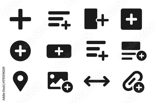 Solid Add Icons. Solid style icons of adding actions: plus sign, add to list icon, insert element, new item icon, plus in circle,