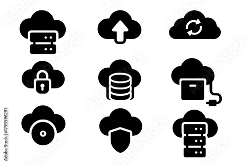 Cloud Storage Icons. Solid style icons of cloud data storage: cloud server, upload arrow, download arrow, cloud sync, secure lock,