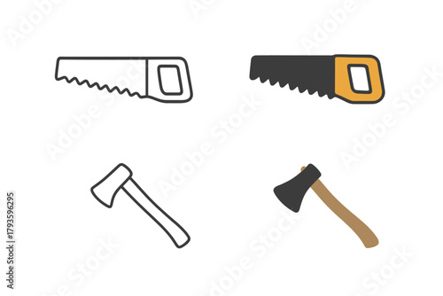 Minimalist Tool Icons. Linear minimalistic saw icon: hand saw outline with teeth, uniform line thickness, no fill, Solid saw icon: