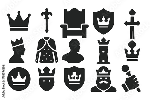 Royal Icons Collection. Solid style icons of Kings: king crown, royal scepter, throne, shield with crown, portrait bust, regal