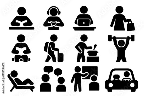 User Activity Icons. Solid style icons of User activities: studying person, gaming person, working person, shopping person,