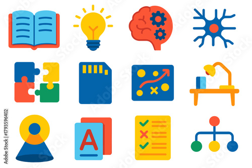 Learning Icons Set. Flat vector icons of learning and cognition: open book, lightbulb idea, brain gears, memory card, puzzle
