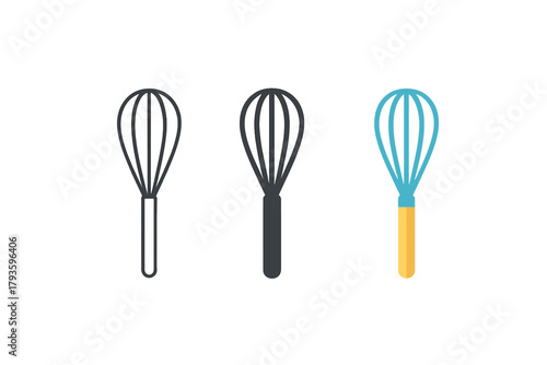 Triple Whisk Icon. Minimalist whisk cooking icon: three identical balloon whisks with long handles in a row, first in line style