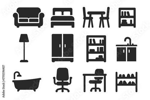 Solid Style Interiors. Solid style icons of home interiors: sofa, bed, dining table, floor lamp, wardrobe, bookshelf, nightstand,