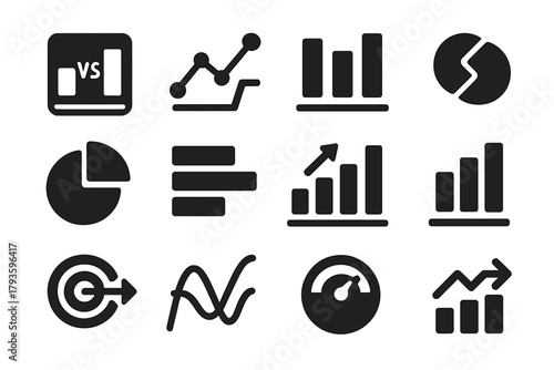 Comparative Analytics Icons. Solid style icons of Comparative analytics: vs chart, two-line graph, split bars, overlap diagram,