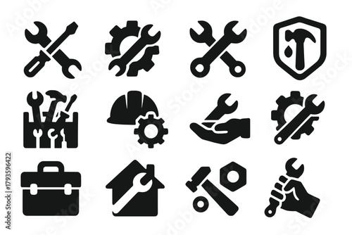 Repair Icons Set. Solid style icons of Repair and maintenance: wrench and screwdriver, gear repair, mechanic tools, construction