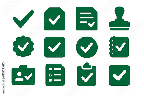 Correct Symbols Icons. Solid style icons of Correct symbols: green tick, check on paper, correct answer sheet, approved stamp,