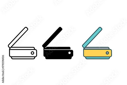 Scanner Icon Styles. Minimalist scanner office icon: three identical flatbed scanners with open lids in a row, first in line style