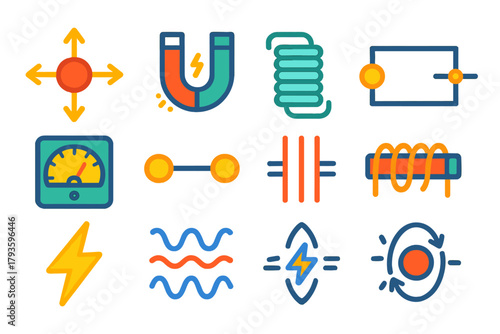 Electromagnetism Icon Set. Flat vector icons of electromagnetism: electric field, magnet, coil, circuit diagram, voltage meter,