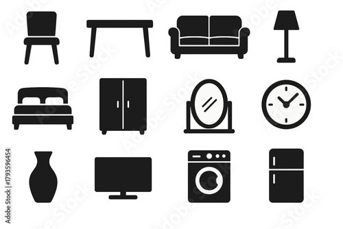 Solid Household Icons. Solid style icons of Household items: chair, table, sofa, lamp, bed, wardrobe, mirror, clock, vase,