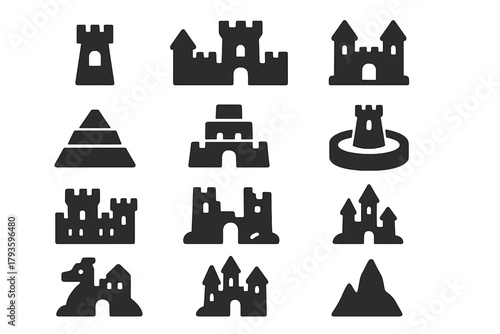 Sandcastle Icon Variations. Solid style icons of Sandcastle Variations: single tower, multi-tower castle, wide base castle,