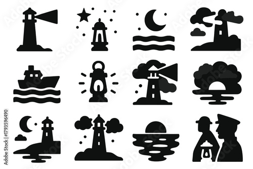 Nighttime Lighthouse Icons. Solid style icons of Night Beacon: lighthouse beam, starry sky, moonlit sea, ship silhouette, glowing