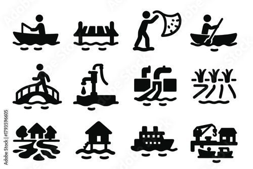Human Activity Icons. Solid style icons of Human Activity: fishing boat, wooden dock, net throwing, canoe, bridge crossing, water