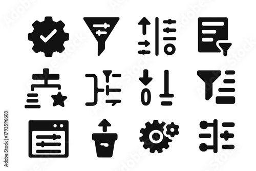 Sorting Control Icons. Solid style icons of control settings for sorting: sort settings gear, filter with sliders, custom sort