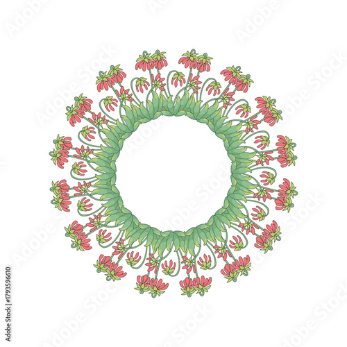 Hand drawn line art canary islands flowers parrot beaks wreath. Card template with cute floral frame.