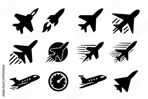Jet Speed Icons. Solid style icons of jet and speed travel: high-speed jet, afterburner icon, aerodynamic aircraft, fast travel