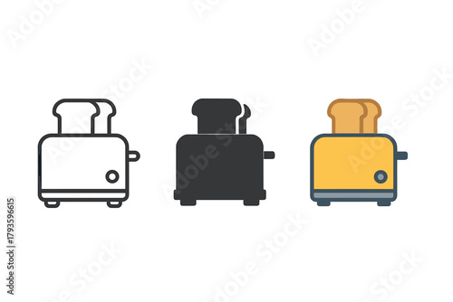 Toaster Icon Styles. Minimalist toaster kitchen icon: three identical toasters with two bread slices sticking out in a row, first