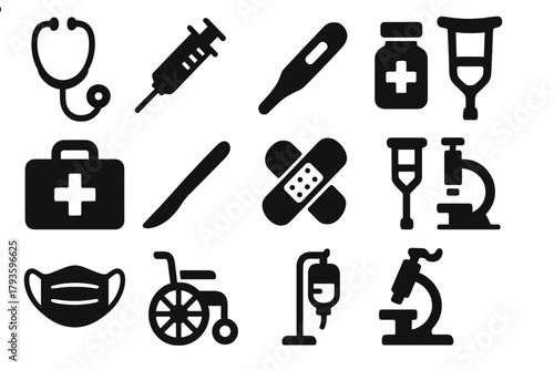 Medical Equipment Icons. Solid style icons of Medical equipment: stethoscope, syringe, thermometer, pill bottle, first aid kit,