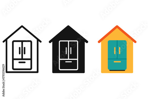 Minimalist Fridge Icon Trio. Minimalist fridge home icon: three identical refrigerators with two doors in a row, first in line