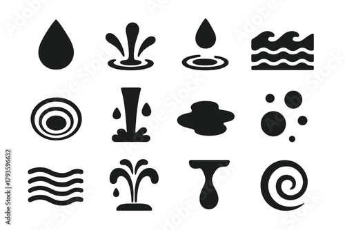 Water Element Icons. Solid style icons of Water elements: water drop, splash, droplet, wave, ripple, water stream, puddle, bubble,