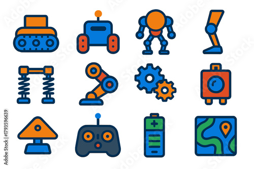 Robotic Locomotion Icons. Flat vector icons of robotic locomotion: tracked robot, wheeled robot, walking robot, robotic leg,