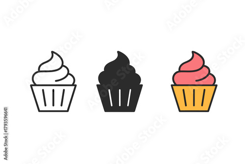 Minimalist Cupcake Trio. Minimalist cupcake dessert icon: three identical cupcakes with cream topping in a row, first in line