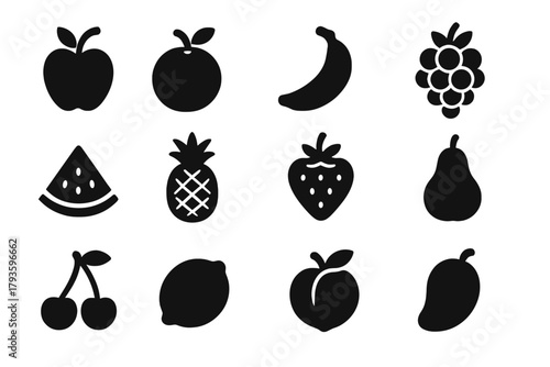 Solid Fruit Icons. Solid style icons of Fruits: apple, orange, banana, grapes, watermelon slice, pineapple, strawberry, pear,