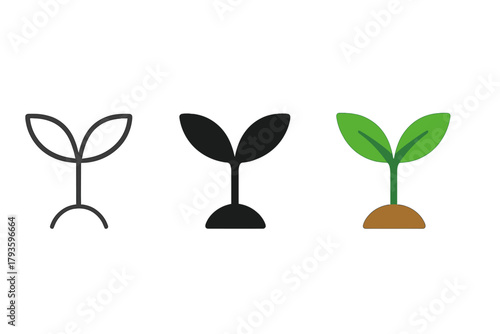 Minimalist Seedling Styles. Minimalist seedling icon: three identical young sprouts with two leaves each in a row, first in line
