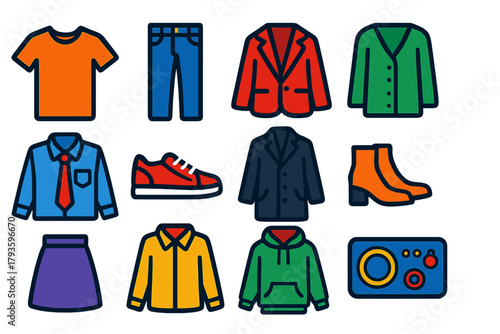 Wardrobe Essentials Icons. Flat vector icons of wardrobe essentials: t-shirt, jeans, blazer, cardigan, dress shirt, sneakers, coat