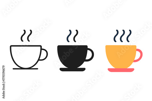 Minimalist Drink Icons. Minimalist cup drink icon: three identical cups with steam rising above in a row, first in line style with