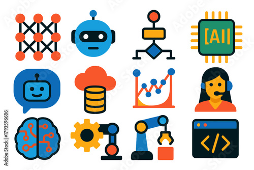 AI Icon Set. Flat vector icons of artificial intelligence: neural network, robot head, algorithm flowchart, AI chip, chatbot, data