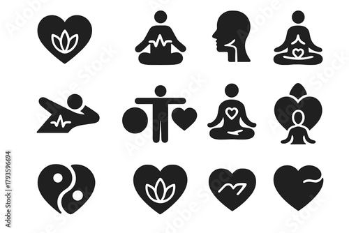 Wellness Icons Collection. Solid style icons of Wellness: spa heart, meditation heartbeat, relaxed pulse, calm breathing rhythm,