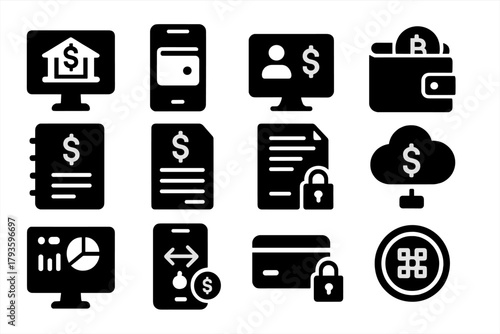 Digital Finance Icons. Solid style icons of Digital finance: online banking, mobile app wallet, virtual account, crypto wallet,