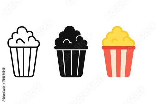 Minimalist Popcorn Icon. Minimalist popcorn fast food icon: three identical popcorn buckets with fluffy kernels on top in a row,
