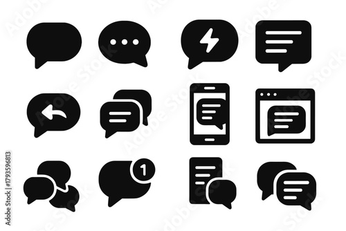 Messaging Icons Collection. Solid style icons of messaging and chat: chat bubble, typing dots, instant message icon, speech bubble