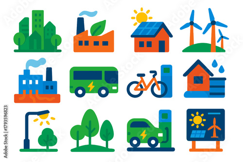 Eco Energy Icons. Flat vector icons of environmental energy solutions: green city skyline, eco-friendly factory, solar roof, wind