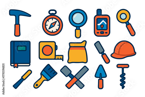 Geological Tools Icons. Flat vector icons of geological tools: rock hammer, compass, hand lens, GPS device, field notebook,