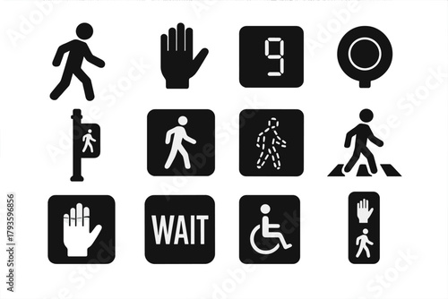 Pedestrian Signal Icons. Solid style icons of pedestrian and crosswalk signals: walking person green, hand stop icon red,