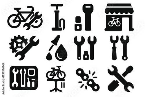 Bike Repair Icons. Solid style icons of bike repair and maintenance: wrench on bike, air pump icon, tire patch tool, bike shop