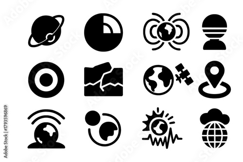 Planetary Science Icons. Solid style icons of planetary science: planet orbit, layered earth, magnetic field lines, earth’s core