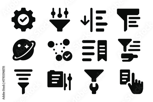 Sorting Control Icons. Solid style icons of control settings for sorting: sort settings gear, filter with sliders, custom sort
