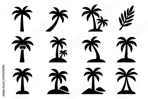 Palm Tree Icons. Solid style icons of Palm Trees: tall palm tree, leaning palm, clustered palms, palm frond, coconuts on palm,