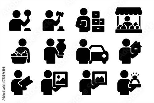 Marketplace Buyers Icons. Solid style icons of Marketplace buyers: auction bidder, buyer with gavel, wholesale buyer, bulk order