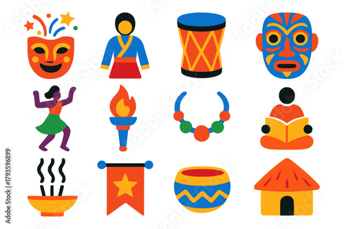 Cultural Tradition Icons. Flat vector icons of cultural traditions: festival, traditional costume, drum, ceremonial mask, dance