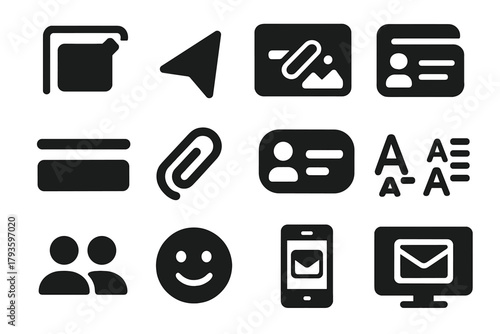 Email Interface Icons. Solid style icons of email interface elements: compose button, send arrow, toolbar icons, subject line bar,