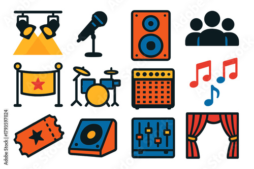 Live Performance Icons. Flat vector icons of live performance: stage lights, microphone stand, speaker, audience silhouette,