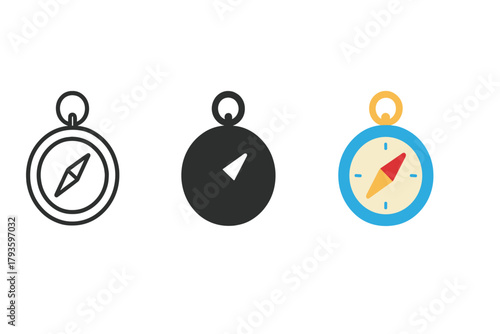 Minimalist Compass Trio. Minimalist compass navigation icon: three identical circular compasses with arrow needles in a row, first