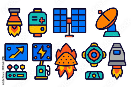Bright Spacecraft Icons. Flat vector icons of spacecraft systems: propulsion unit, life support module, solar array, communication