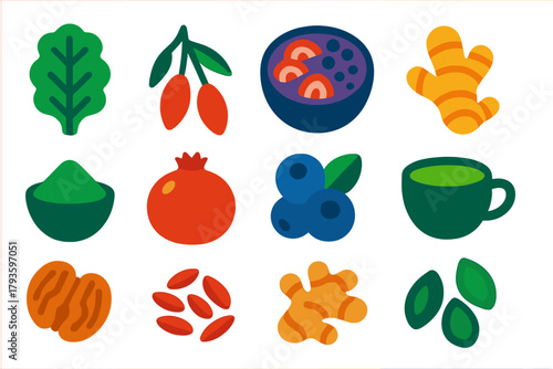 Colorful Superfood Icons. Flat vector icons of superfoods: kale, goji berries, acai bowl, turmeric root, spirulina powder,