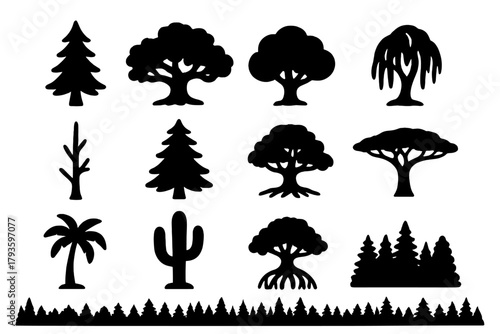 Tree Silhouette Icons. Solid style icons of Tree silhouettes: tall pine, wide oak, round maple, leaning willow, slender birch,